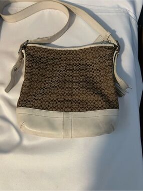 Vintage (2007) Coach Signature Canvas and Leather Crossbody Bag in Brown/White